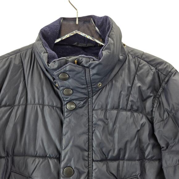 Barbour Great Coat Mens Small Navy Blue Mid Length Fibre Down Quilted Flawed - Picture 2 of 16